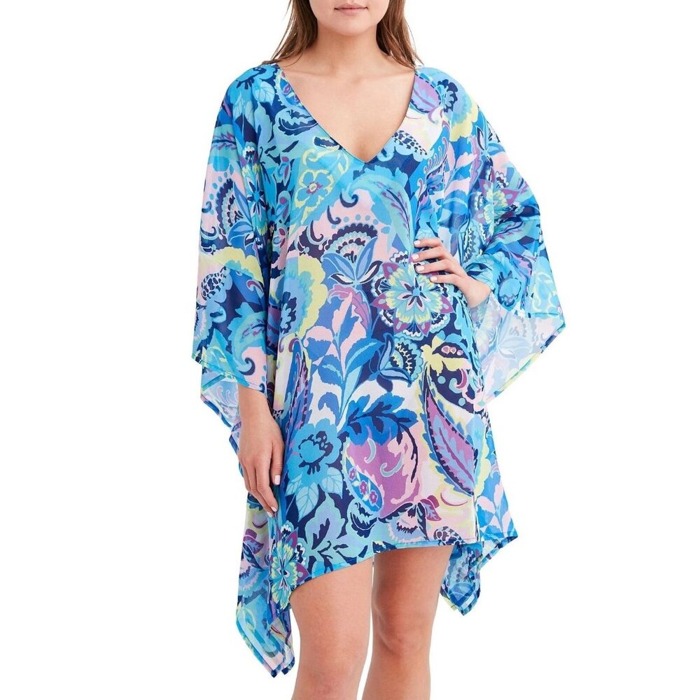 NEW $78 Tahari Womens M/L Blue Floral Paisley Caftan Swim Cover Up Tunic